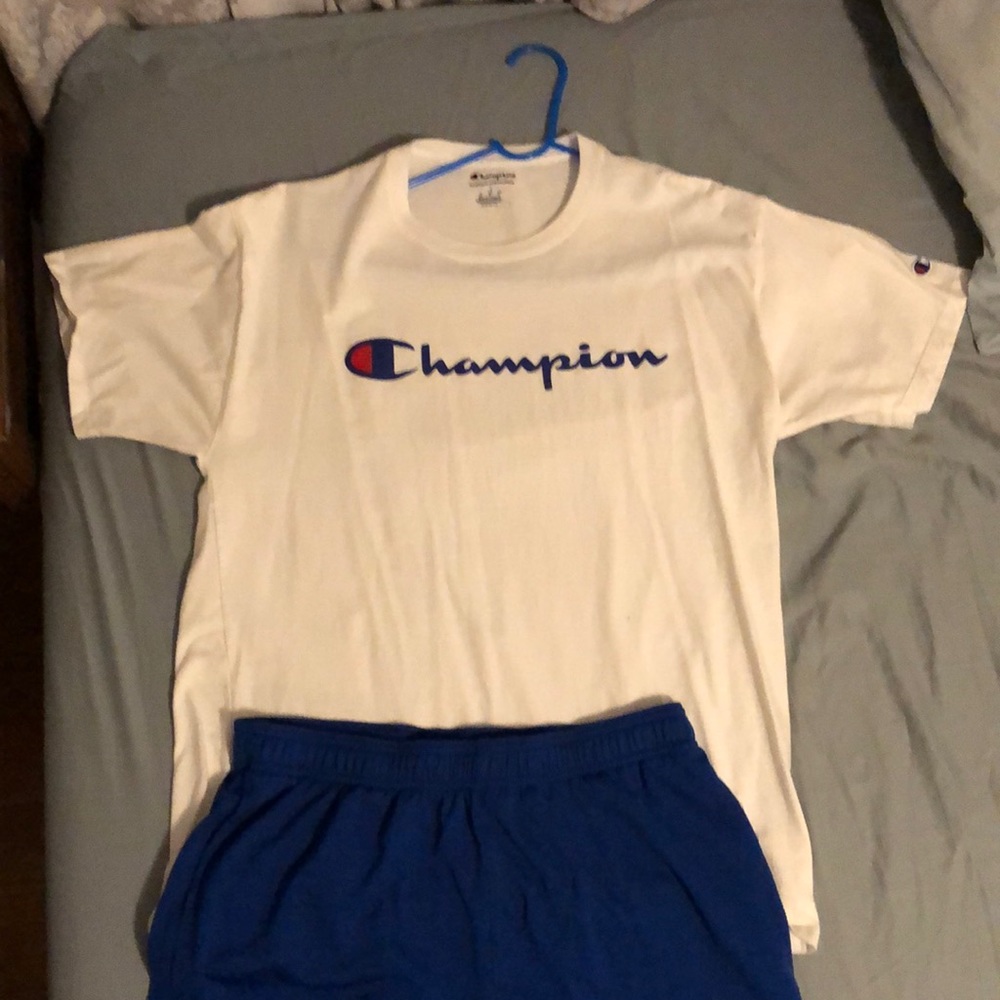 Large Champion brand T Shirt and short.